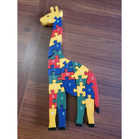 Vintage Wooden Giraffe Alphabet Puzzle 17in Tall Hand Painted Educational Toy - Picture 1 of 11